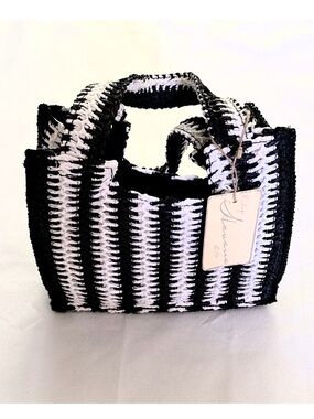 Vintage Havana Brand Inspire Crochet Striped Black & White Mini Tote 9”x 8” NEW